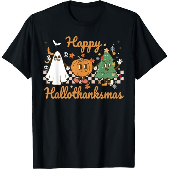 Happy Hallothanksmas Halloween Thanksgiving Christmas Womens T-Shirt