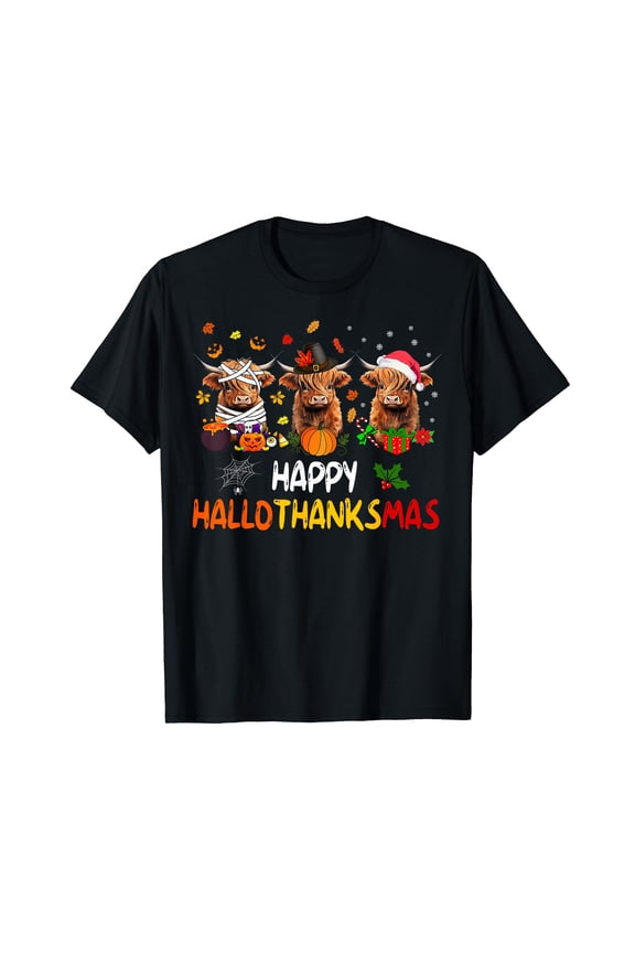 Happy Hallothanksmas Highland Cow Print Halloween Christmas T-Shirt Black Tee