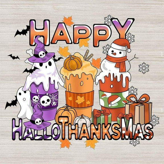 Happy Hallothanksmas Shower Curtain Drinks Halloween Thanksgiving Christmas Bathroom Decor Accessories Farmhouse Rustic Wood Holiday Decor Fabric Machine Washable with Hooks 72"x72"
