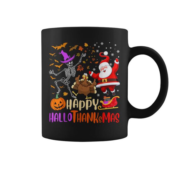 Happy Hallothanksmas Skeleton Pumpkin Turkey Santa Dancing Coffee Mugs
