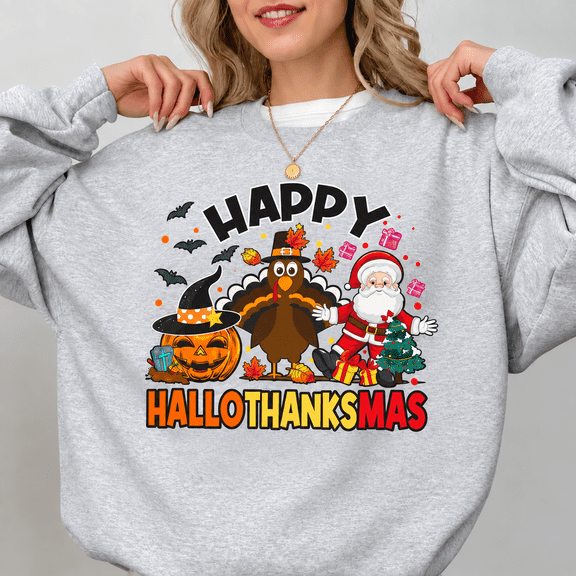 Happy Hallothanksmas Sweatshirt, Halloween Thanksgiving Christmas Graphic