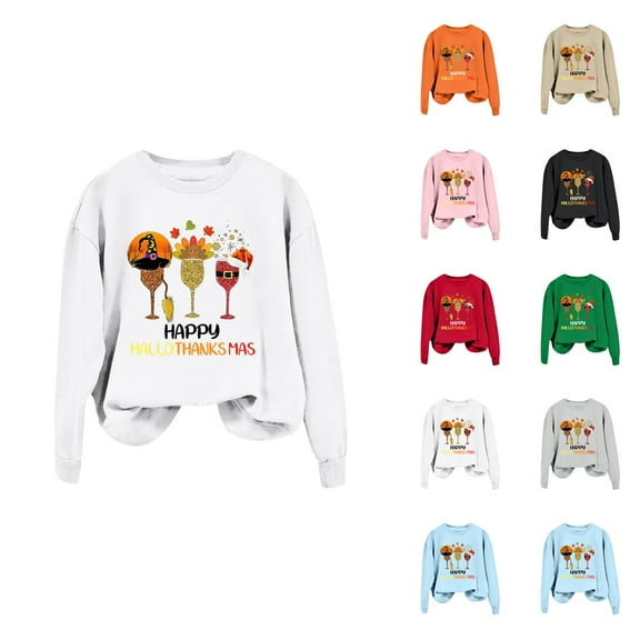 Happy Hallothanksmas Sweatshirts for Women Crewneck Funny Halloween Thanksgiving Christmas Sweatshirt Pullover Tops