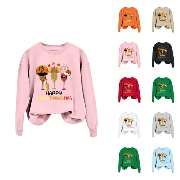 Happy Hallothanksmas Sweatshirts for Women Crewneck Funny Halloween Thanksgiving Christmas Sweatshirt Pullover Tops