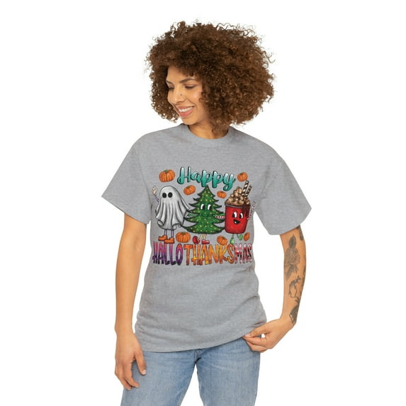 Happy Hallothanksmas T-shirt Cute Halloween Thanksgiving Christmas Shirt Sport Grey Medium