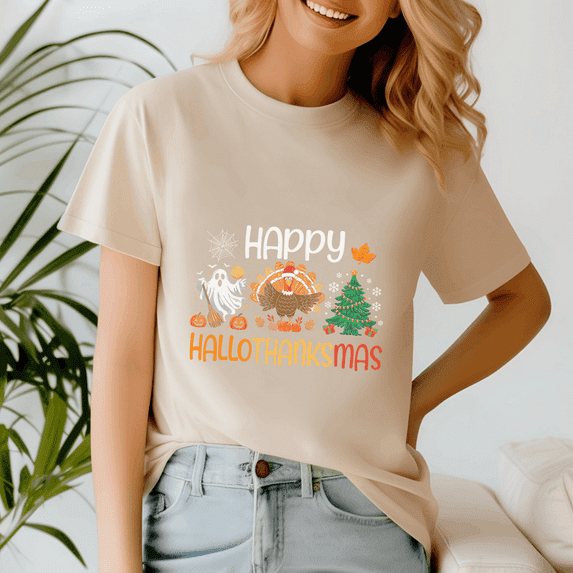 Happy Hallothanksmas Tshirt, Halloween Thanksgiving Christmas Shirt, Holiday Season Tee, Turkey Gift, Vintage Ghost ,Merry Christmas