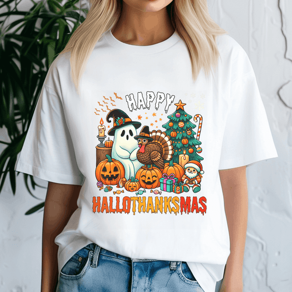 Happy Hallothanksmas Tshirt, Halloween Thanksgiving Christmas Shirt, Holiday Season Tee, Turkey Gift, Vintage Ghost ,Merry Christmas