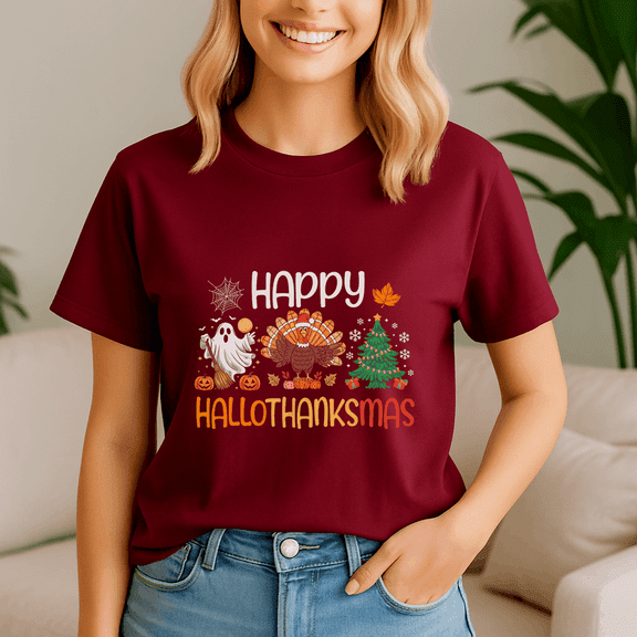 Happy Hallothanksmas Tshirt, Halloween Thanksgiving Christmas Shirt, Holiday Season Tee, Turkey Gift, Vintage Ghost ,Merry Christmas