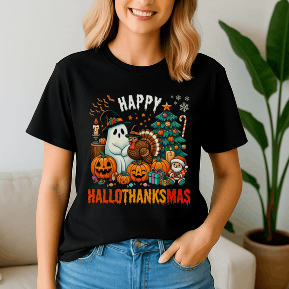 Happy Hallothanksmas Tshirt, Halloween Thanksgiving Christmas Shirt, Holiday Season Tee, Turkey Gift, Vintage Ghost ,Merry Christmas