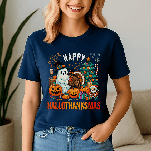 Happy Hallothanksmas Tshirt, Halloween Thanksgiving Christmas Shirt, Holiday Season Tee, Turkey Gift, Vintage Ghost ,Merry Christmas