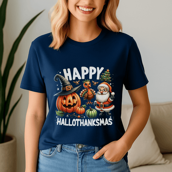 Happy Hallothanksmas Tshirt, Halloween Thanksgiving Christmas Shirt, Holiday Season Tee, Turkey Gift, Vintage Ghost ,Merry Christmas