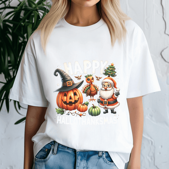 Happy Hallothanksmas Tshirt, Halloween Thanksgiving Christmas Shirt, Holiday Season Tee, Turkey Gift, Vintage Ghost ,Merry Christmas