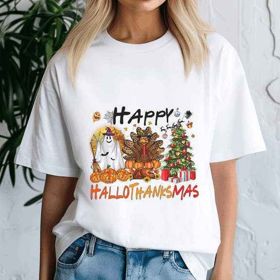 Happy Hallothanksmas Tshirt, Halloween Thanksgiving Christmas Shirt, Holiday Season Tee, Turkey Gift, Vintage Ghost ,Merry Christmas