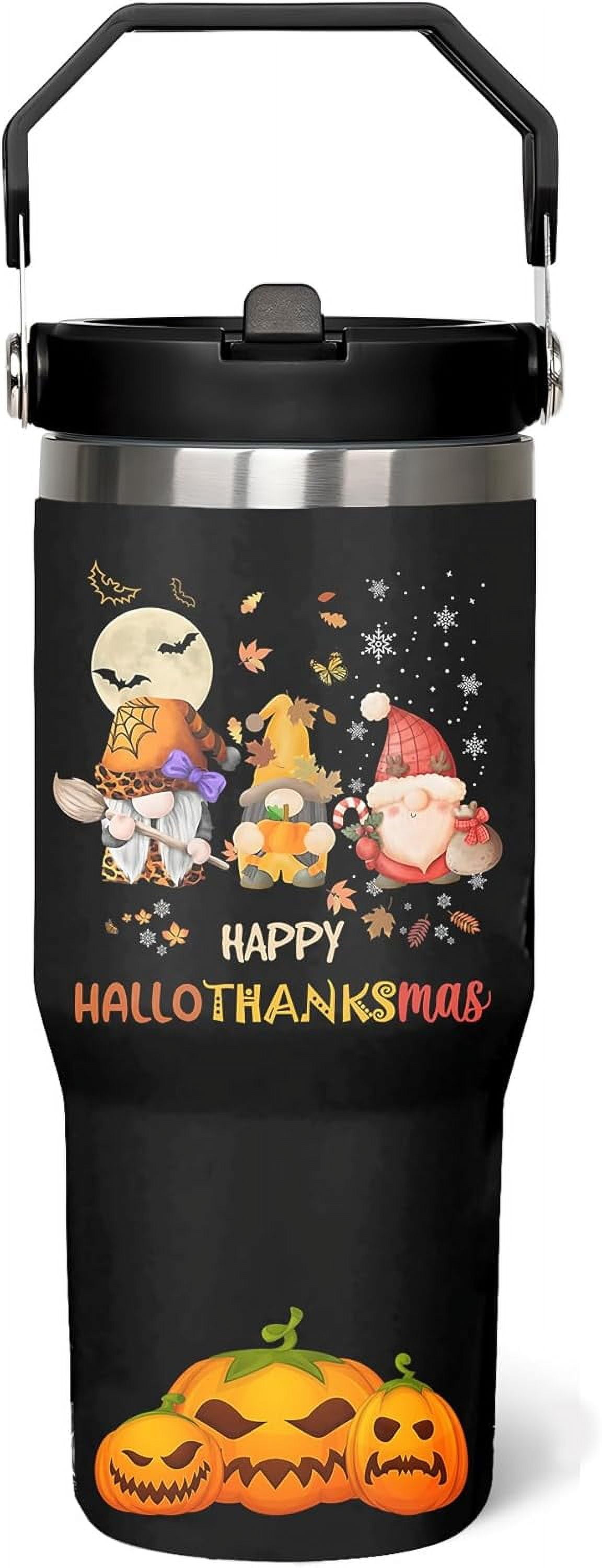 Happy Hallothanksmas Tumbler, Fall Cup 30 Oz Tumbler with Handle and Flip Straw, Insulated Autumn Mugs Keeps Drinks Cold & Hot, Thanksgiving Halloween Christmas Gifts For Women