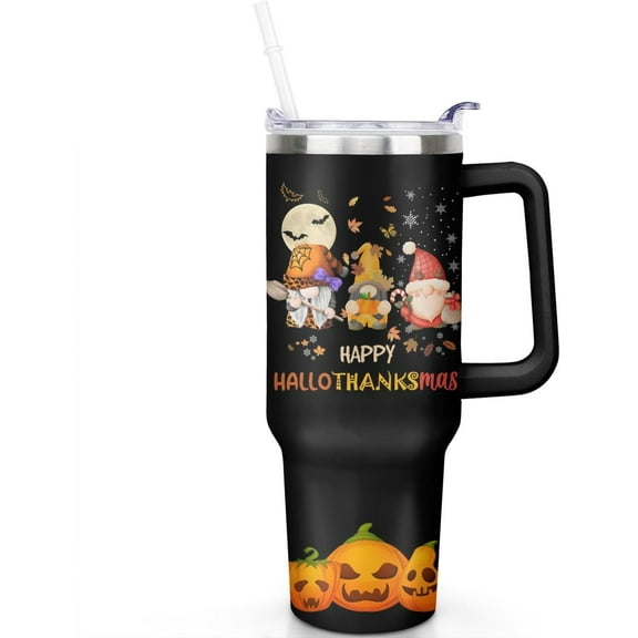 Happy Hallothanksmas Tumbler, Fall Cup 40 Oz Tumbler with Handle and Straw Lid, Insulated Autumn Mugs Keeps Drinks Cold & Hot, Thanksgiving Halloween Christmas Gifts For Women