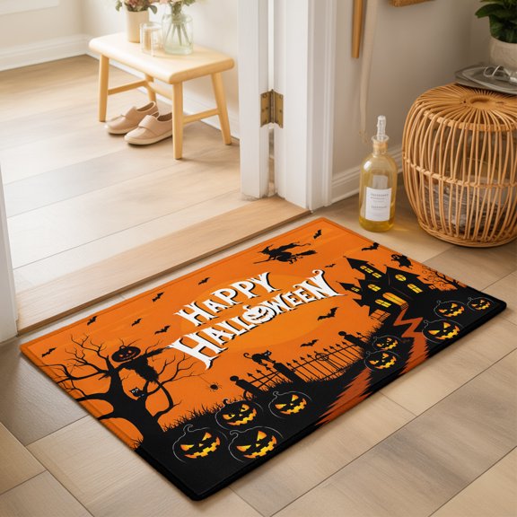 Happy Halloween 2'x3' Small Rugs for Entryway Front Door Kitchen Sink Area, Orange Black Haunted House Spooky Pumpkin Soft Sturdy Mats Washable Non Slip Rectangle Area Rug