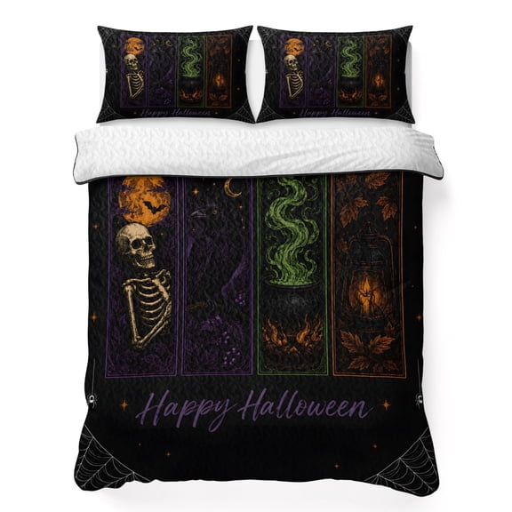 Happy Halloween 3 Piece Quilt Bedding Set with 2 Pillow Shams, Retro Goth White Skeleton Black Ravens Dark Academia Lightweight Bedspread Coverlet, Soft Breathable All Season Quilt, 96 x 106 Inch