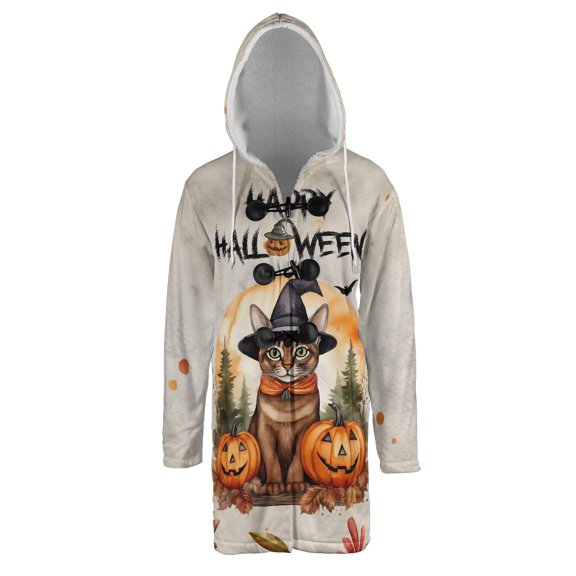 Happy Halloween Abyssinian Witches Hat Pumpkin Carving All Over Print 3D Hooded Duffle Toggle Coat Cat Lover Kitten Owner Gifts - 02019