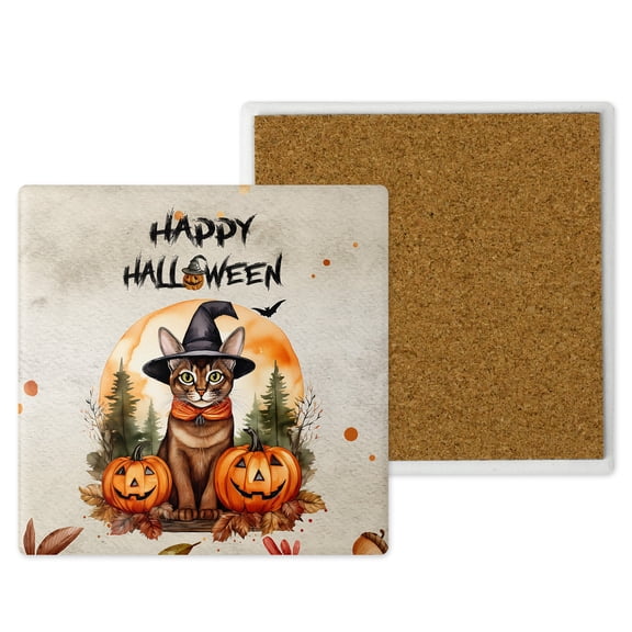 Happy Halloween Abyssinian Witches Hat Pumpkin Carving Set of 4 Stone Coasters Cat Lover Kitten Owner Gifts 4x4in Absorbent Soapstone Coaster - 02019