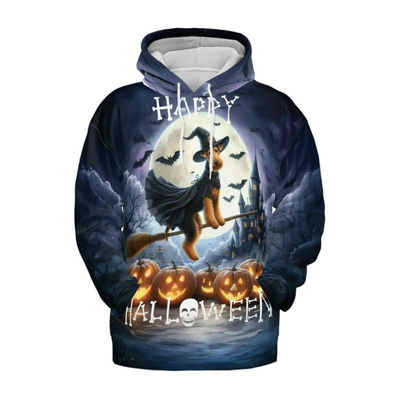 Happy Halloween Airedale Terrier Witch Pumpkins Bats All Over Print 3D Hoodie Unisex Merch Hoodies Dale Waterside Dog Lover - 13012