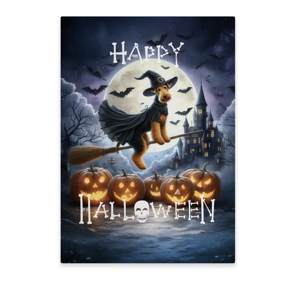 Happy Halloween Airedale Terrier Witch Pumpkins Bats Vertical Matte Canvas Poster Dale Waterside Dog Lover Wall Art Home Decor - 13012