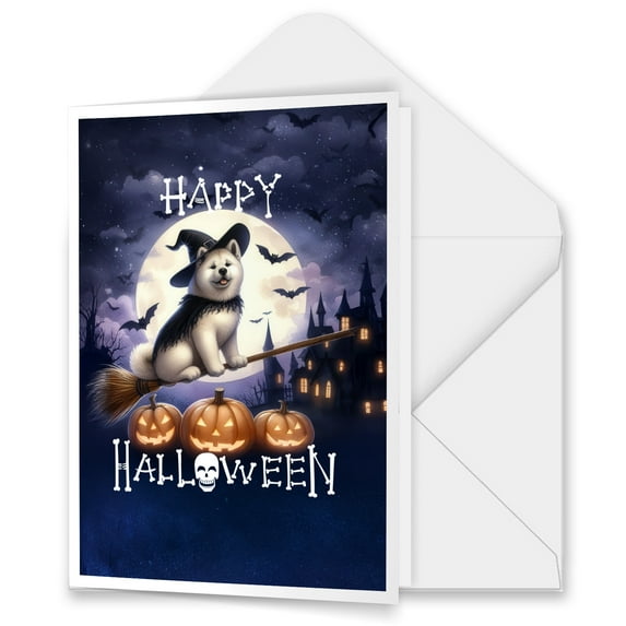 Happy Halloween Akita Witch Pumpkins Bats 5x7in Folded Greeting Card Inu Dog Lover Single Note Card with Envelope - 13012