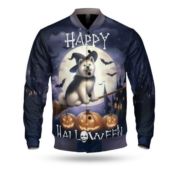 Happy Halloween Akita Witch Pumpkins Bats All Over Print 3D Baseball Jacket Inu Dog Lover Bomber Jacket Softball - 13012