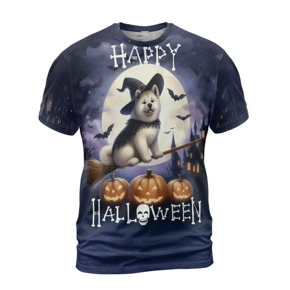 Happy Halloween Akita Witch Pumpkins Bats All Over Print 3D Shirt Unisex Merch Inu Dog Lover - 13012