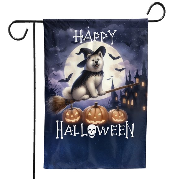 Happy Halloween Akita Witch Pumpkins Bats Garden Flag 12x18in Double Sided Inu Dog Lover Outdoor Decor - 13012
