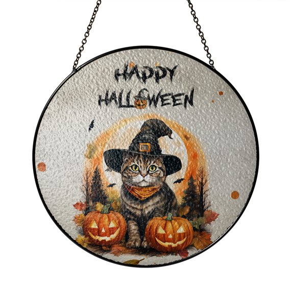 Happy Halloween American Shorthair Witches Hat Pumpkin Carving Stained Glass Suncatcher Cat Lover Kitten Owner Gifts Window Hanging Sign Decor - 02019