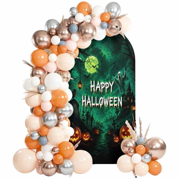 Happy Halloween Arch Backdrop Cover 4 FT, Green Dark Forest Haunted Castle Pumpkin Ghost Wedding Arch Cover Stretchy Backdrop Stands Covers for Birthday Party Ceremony Banquet Decor