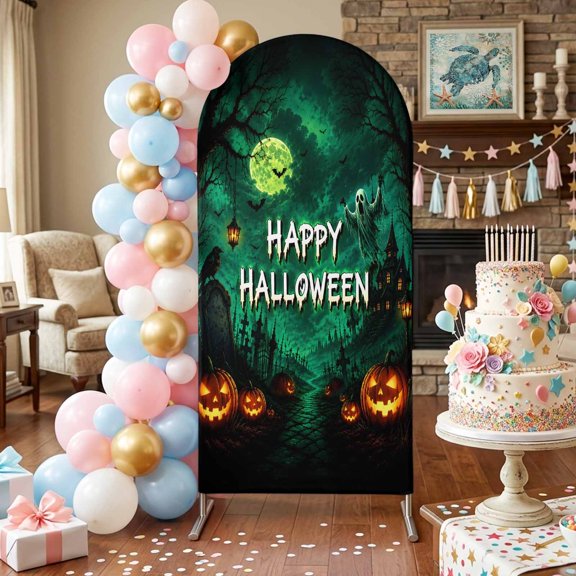 Happy Halloween Arch Backdrop Covers 4 FT, Green Dark Forest Haunted Castle Pumpkin Ghost Stretchy Fitted Arched Stand Covers Party Arch Stand Cover Photo Booth for Wedding Birthday Decor