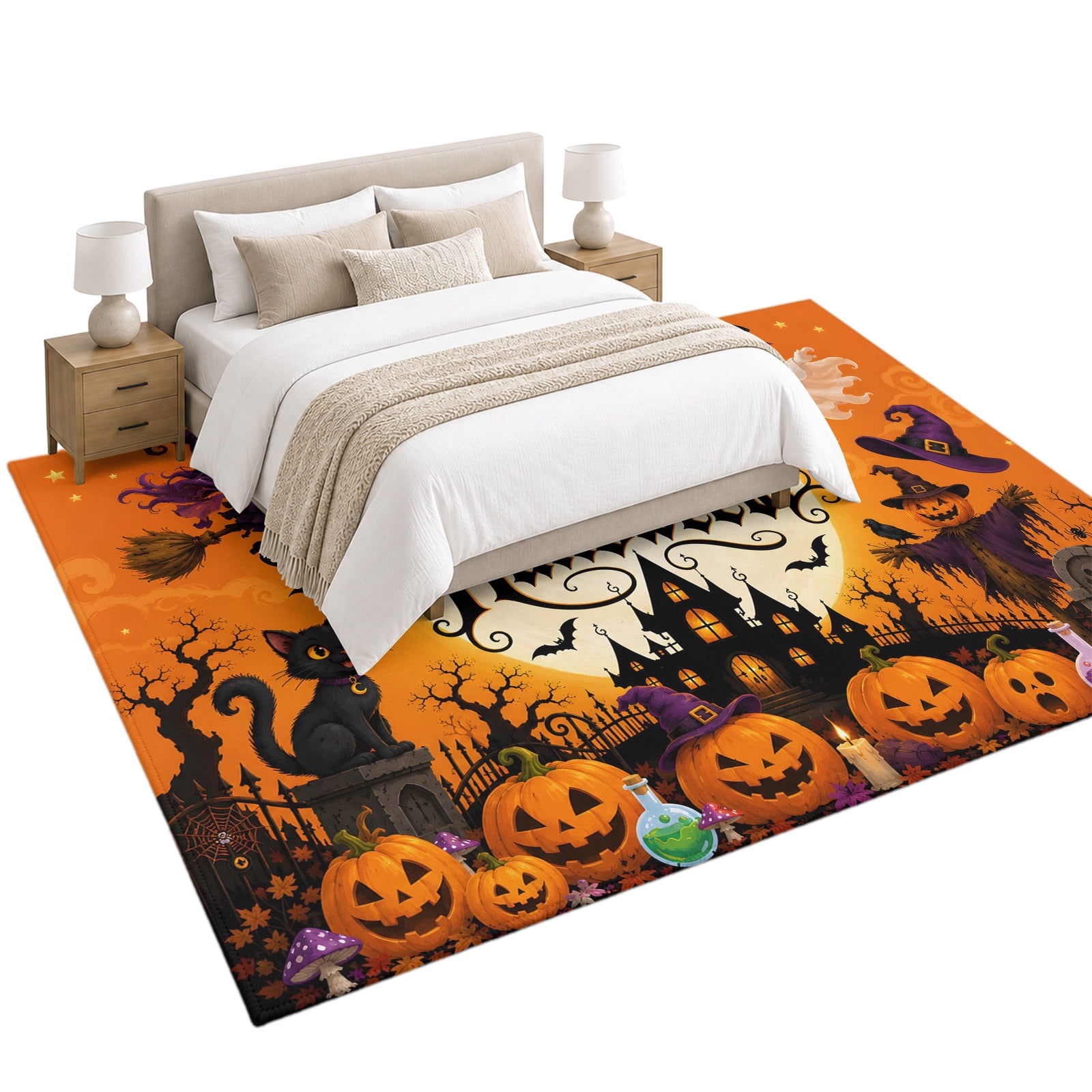 Happy Halloween Area Rug 5'x7', Haunted Castle Pumpkins Witch Flying ...