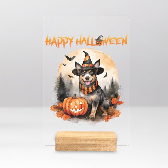 Happy Halloween Australian Cattle Dog Witches Hat Pumpkin Carving Acrylic Plaque Sign Ashwood Base Heeler Lover Gifts Home Desk Decor - 02019