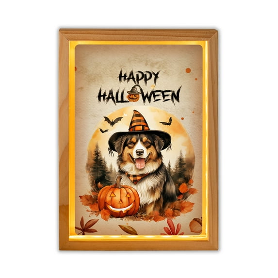 Happy Halloween Australian Shepherd Witches Hat Pumpkin Carving Acrylic Plaque with Wood Photo Frame Box Aussie Dog Lover Gifts Light Box - 02019