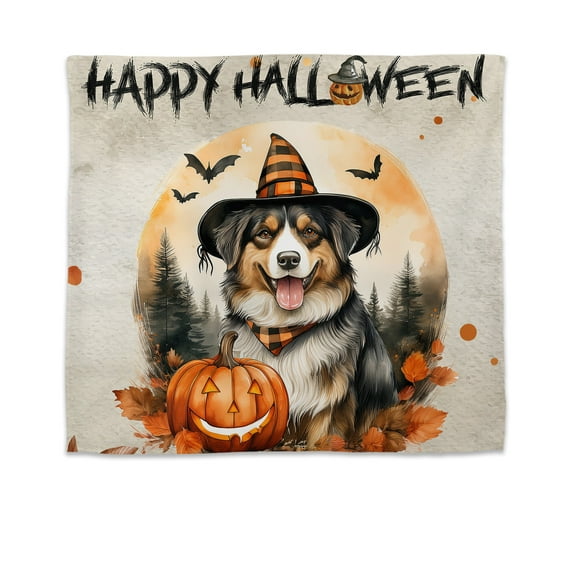 Happy Halloween Australian Shepherd Witches Hat Pumpkin Carving Tapestry Aussie Dog Lover Gifts Wall Hanging Backdrop Home Decor - 02019