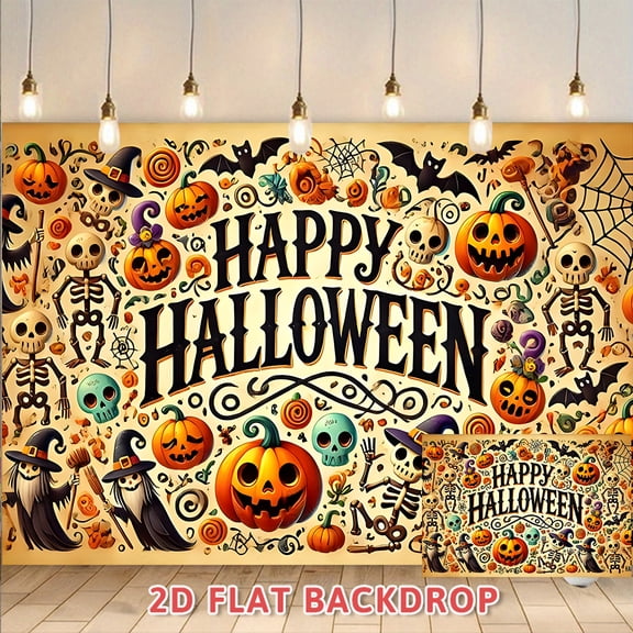 Happy Halloween Backdrop, Classic Halloween Themed Banner with Pumpkins Skeletons Bats Patterns, Perfect for Halloween Party Indoor Outdoor Decorations, Photography Background Wall Hanging Decor