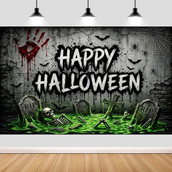 Happy Halloween Backdrop, Creepy Graveyard Skeleton Tombstone Party Decor,7x5FT