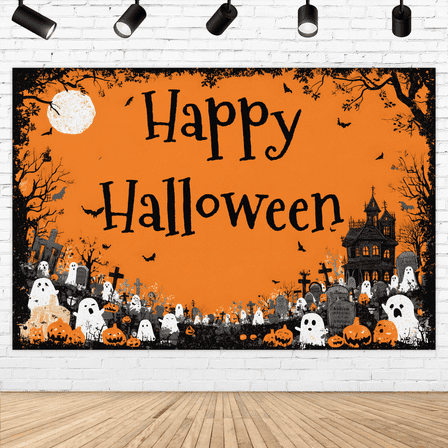 Happy Halloween Backdrop Horror Theme with Pumpkin, Ghouls,Bat Design for Halloween Party Decorations