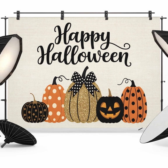 Happy Halloween Backdrop for Photoshoot,Photography Photo Studio Background Wall Backdrop,Holiday Pumpkins Black Dots Retro Beige Back Drop Banner Panel for Portraits Wedding Live Streaming 12x8Ft