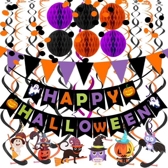 Happy Halloween Banner, Paper Triangle Flag Bunting Hanging Garland Honeycomb Ball Swirl Streamers for Halloween Party Decorations