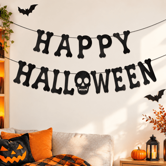 Happy Halloween Banners, Glitter Paper Halloween Skeleton Banner Black Skeleton Backdrop Skull Hang Decorations for Wall Home Photo Prop Scary Party Supplies