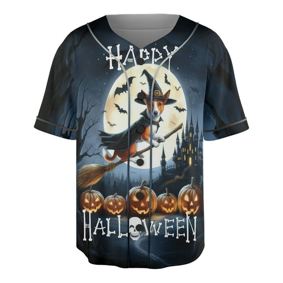 Happy Halloween Basenji Witch Pumpkins Bats All Over Print 3D Baseball Shirt African Barkless Dog Lover Softball Sport - 13012