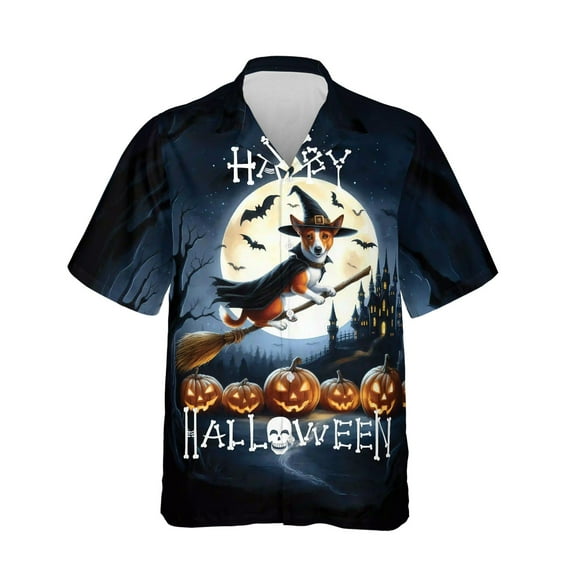 Happy Halloween Basenji Witch Pumpkins Bats Hawaiian Shirt Breathable Summer Unisex Merch African Barkless Dog Lover - 13012