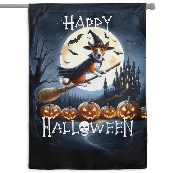 Happy Halloween Basenji Witch Pumpkins Bats House Flag 28x40in Double Sided African Barkless Dog Lover Outdoor Decor - 13012