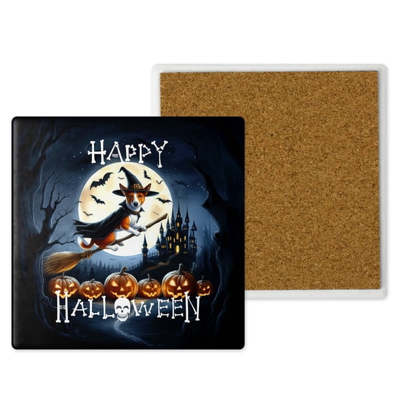Happy Halloween Basenji Witch Pumpkins Bats Set of 4 Stone Coasters African Barkless Dog Lover 4x4in Absorbent Soapstone Coaster - 13012