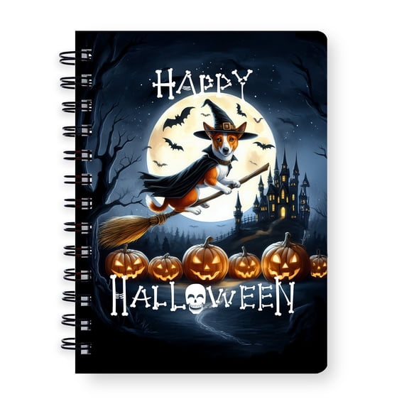 Happy Halloween Basenji Witch Pumpkins Bats Spiral Bound Journal African Barkless Dog Lover 5x7in Spiral Notebook - 13012