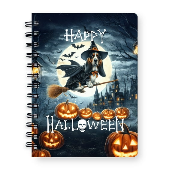 Happy Halloween Basset Hound Witch Pumpkins Bats Spiral Bound Journal Bassets Dog Breed Lovers Gifts Idea 5x7in Spiral Notebook - 13012