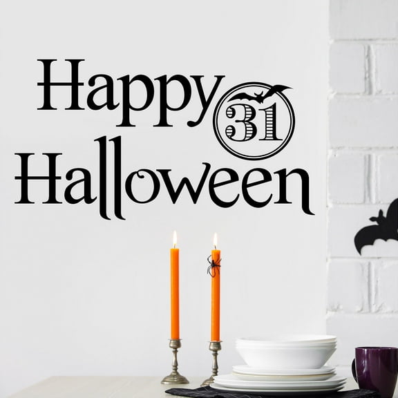 Happy Halloween with Bat Circle October 31 Vinyl Lettering Wall Decal Sticker Halloween Bats Stickers Tombstone Decals - Size: 12.5"H x 22"L - Color: Black