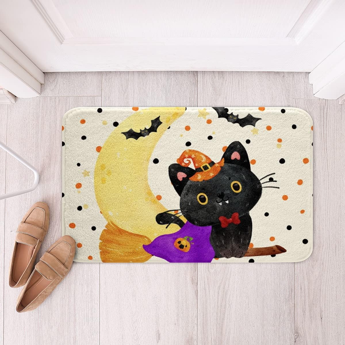 Happy Halloween Bathroom Rug Mat Fleece 16"x24",Watercolor Cute Cat Bat