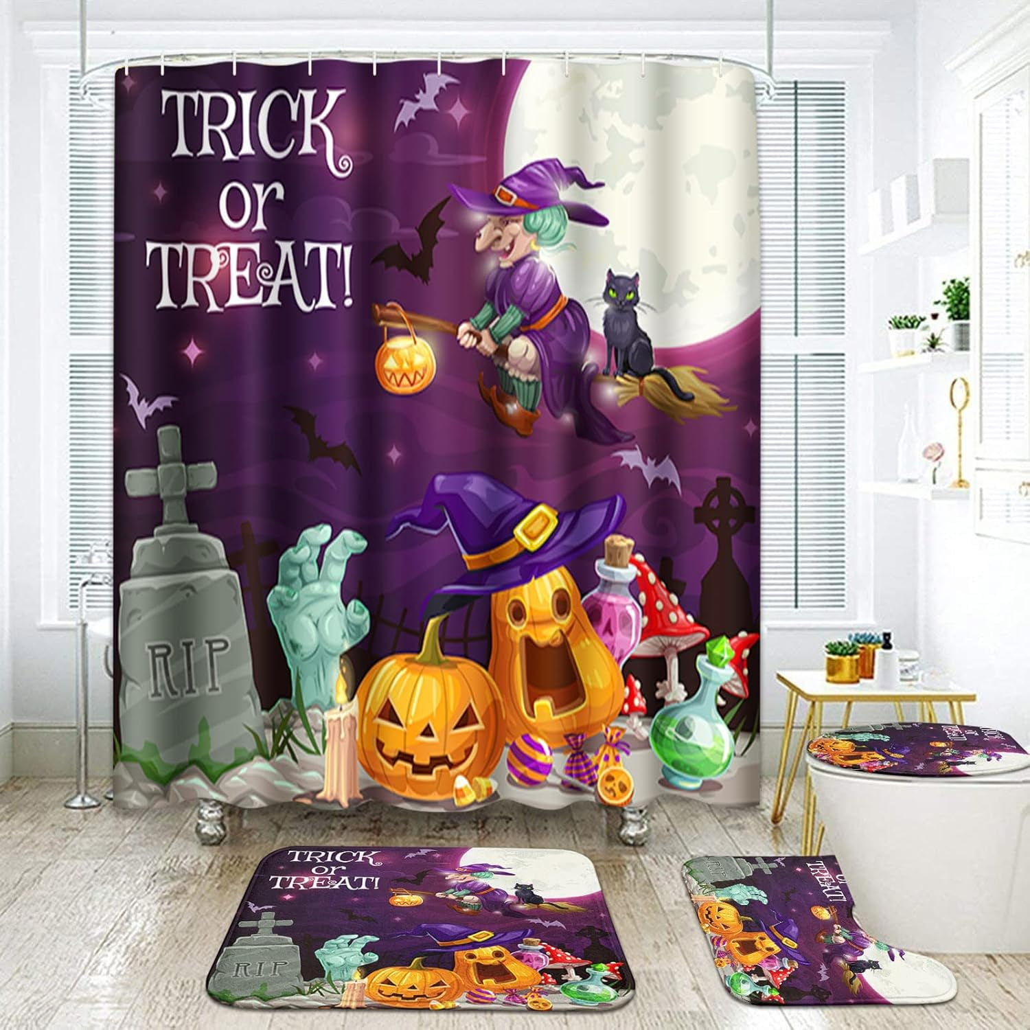 Happy Halloween Bathroom Set with Shower Curtain and Rugs Accessories, Cute Ghost Shower Curtain ...
